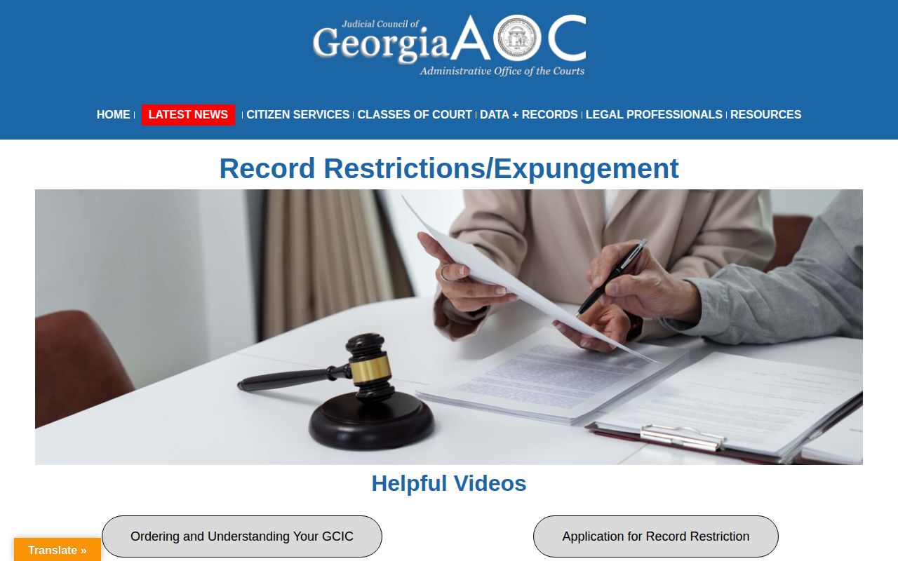 Georgia Courts record restriction and expungement self help page