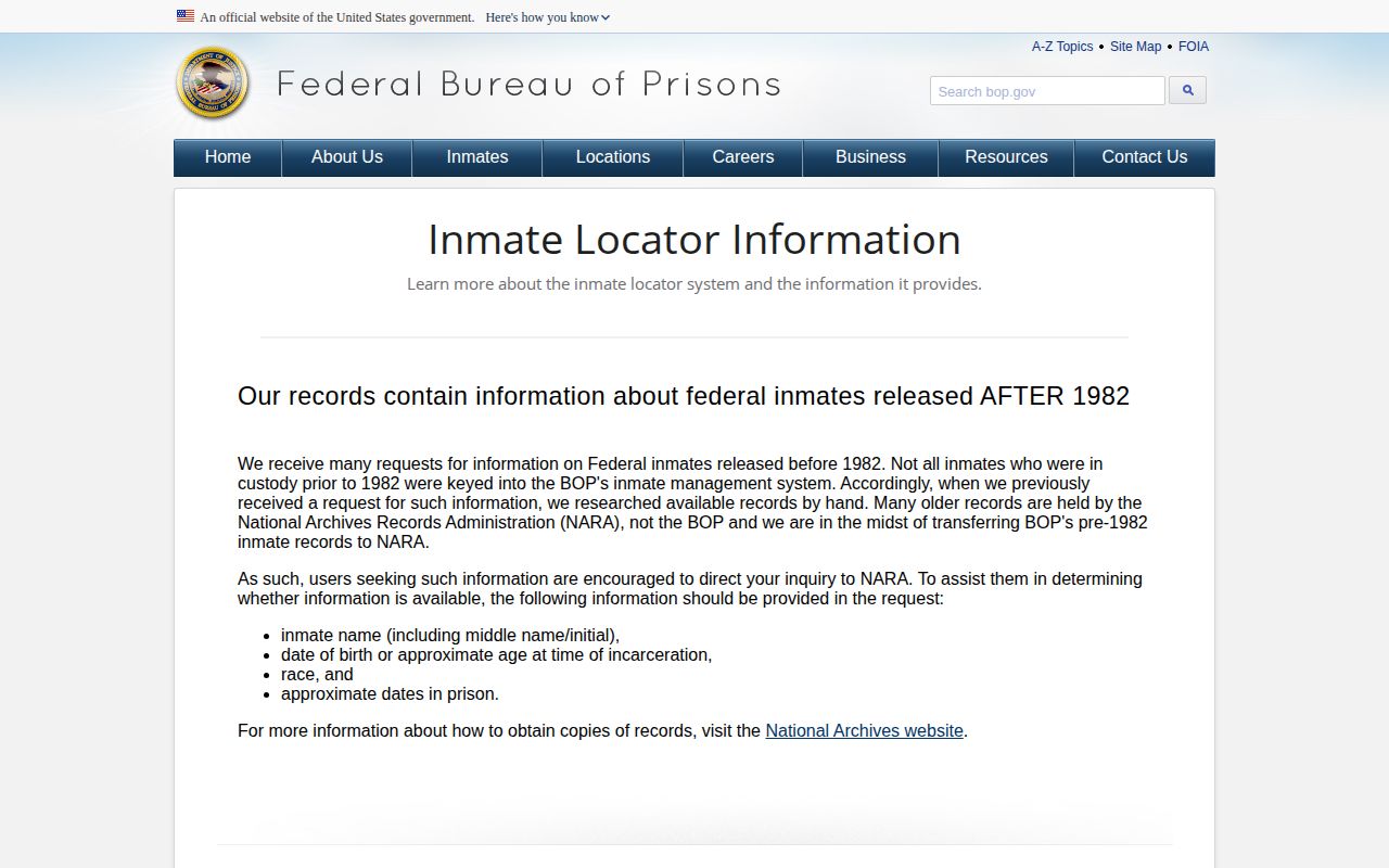 Federal BOP explanation of locator release records