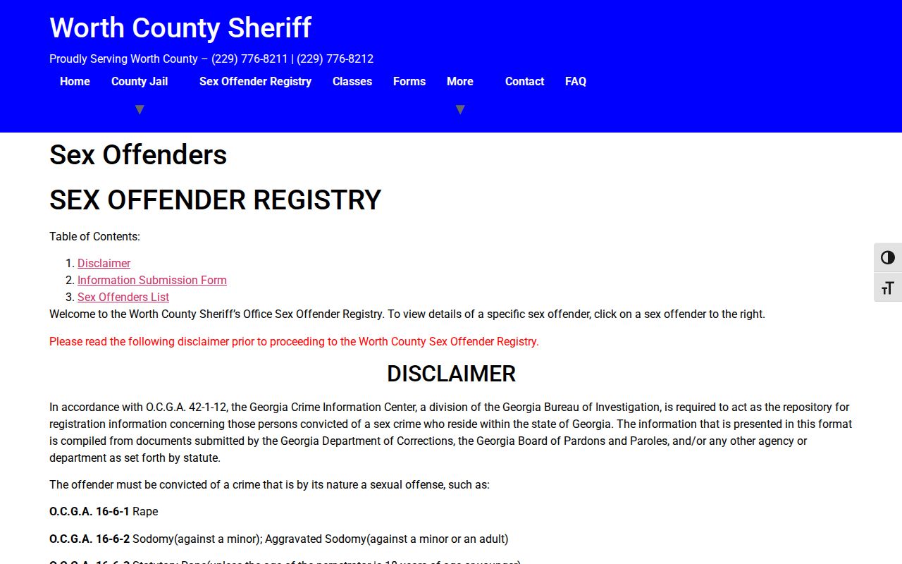 Worth County Sheriff's sex offender registry page